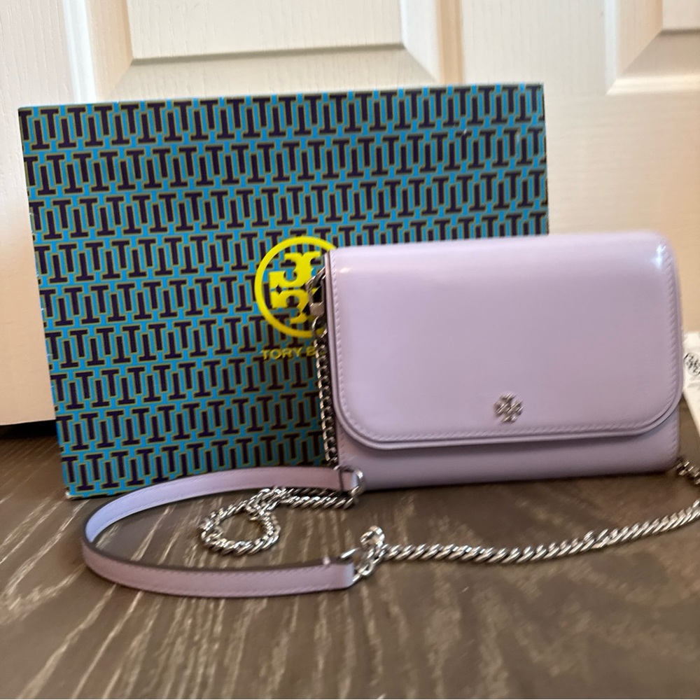 NWT Tory Burch Emerson Patent Chain Wallet violet sky NO LONGER AVAILABLE - Picture 11 of 13